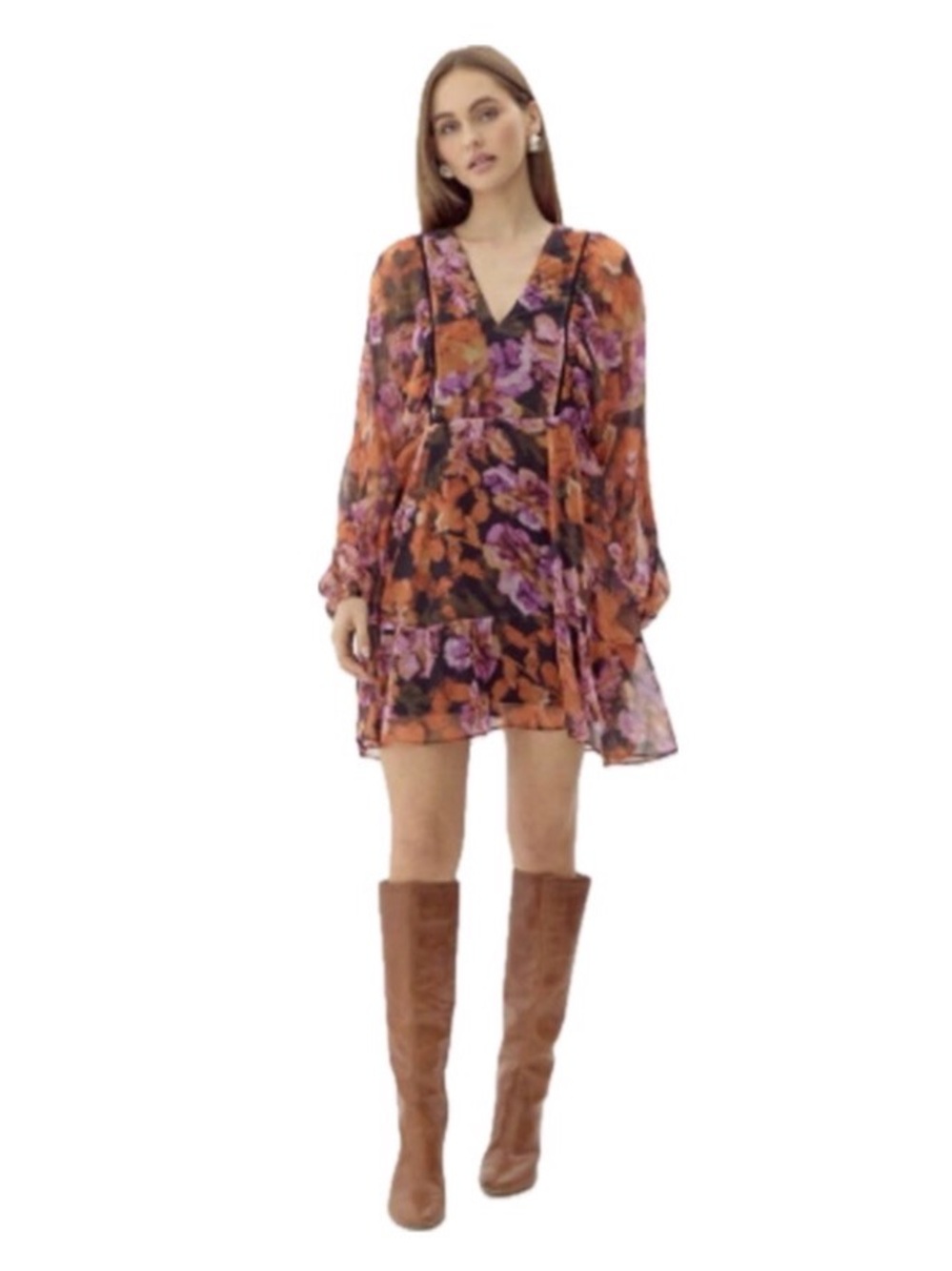 Adelyn Rae Orange and Purple Floral V-Neck Mini Dress